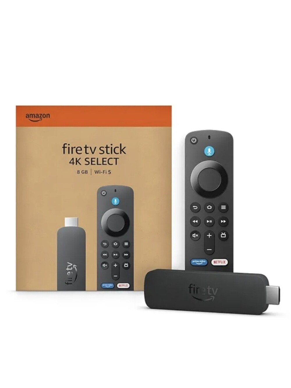 Amazon Fire TV Stick 4K Select in brown and black with orange accent